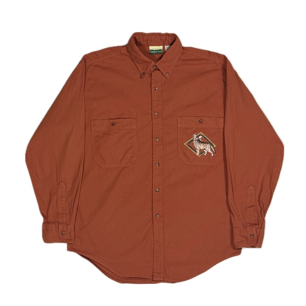Vintage Coldwater Creek orange Aztec‎ howling wolf button up shirt mens medium